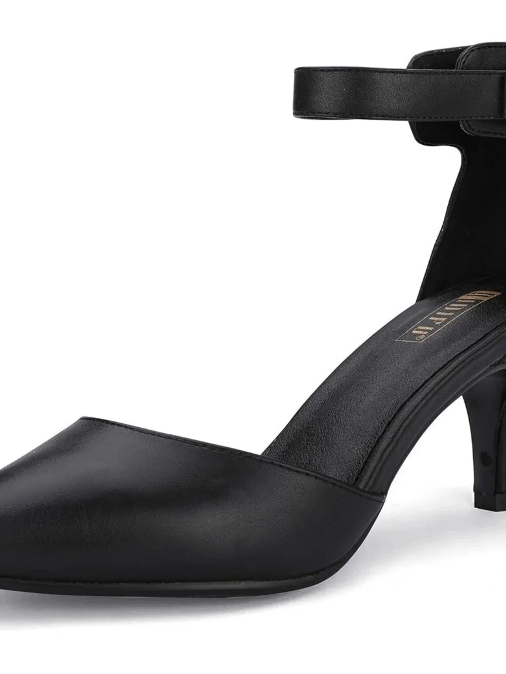 Women's Black Pu Pumps Low Kitten Heels Pointed Closed Toe Shoes Strap